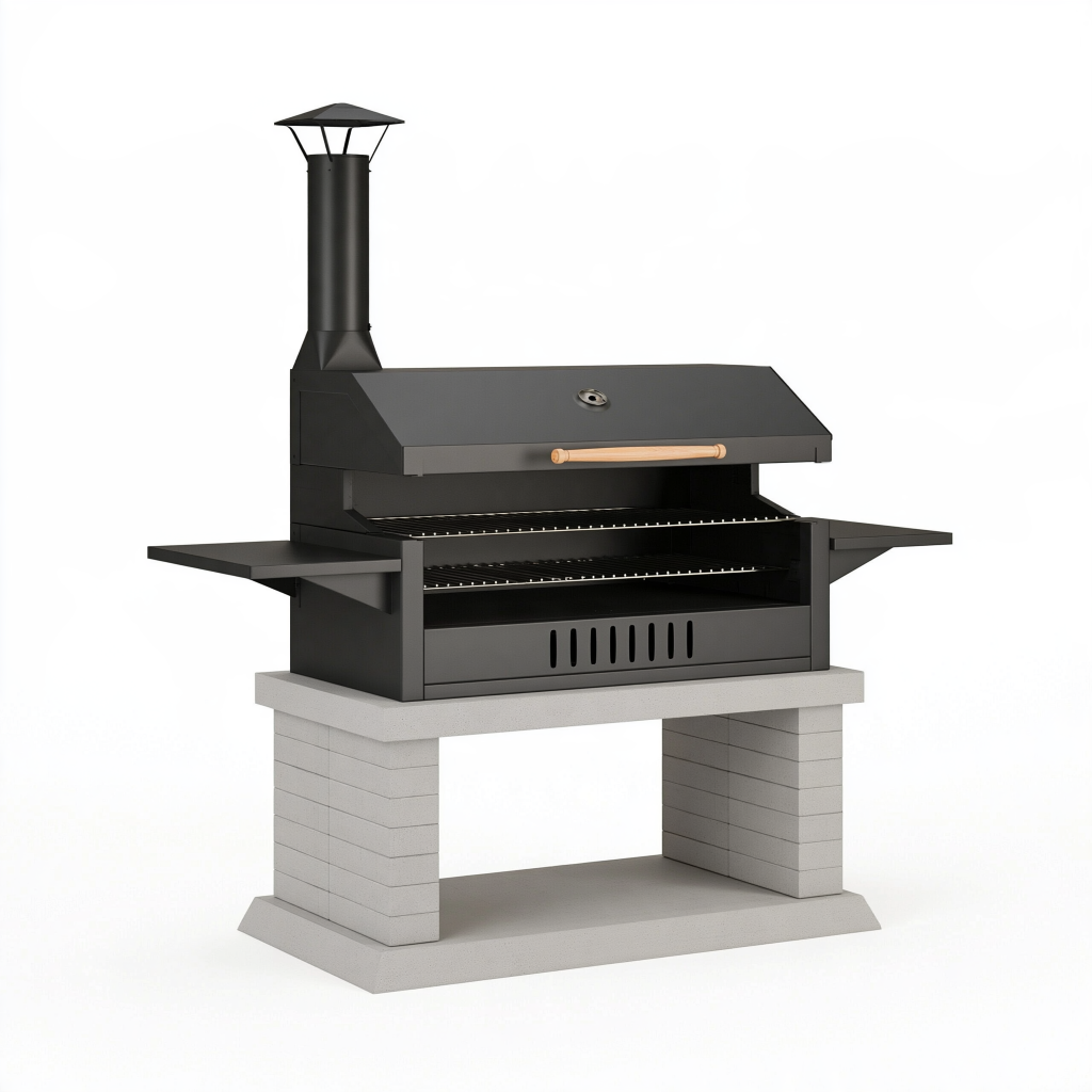 Barbecue extérieur 140 x 75 x 190 cm en acier noir et béton avec hotte et grilles