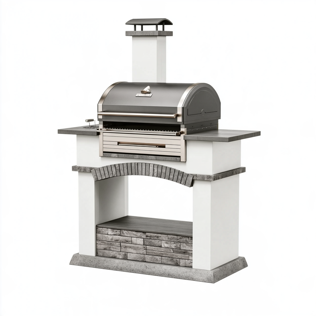 Barbecue de jardin 150 x 70 x 220 cm en acier et pierre gris blanc avec cheminée