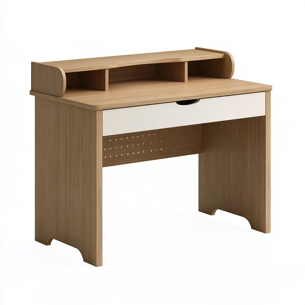 Bureau 100 x 50 x 100 cm en panneaux de bois chêne clair et blanc avec tiroir et rangements style moderne