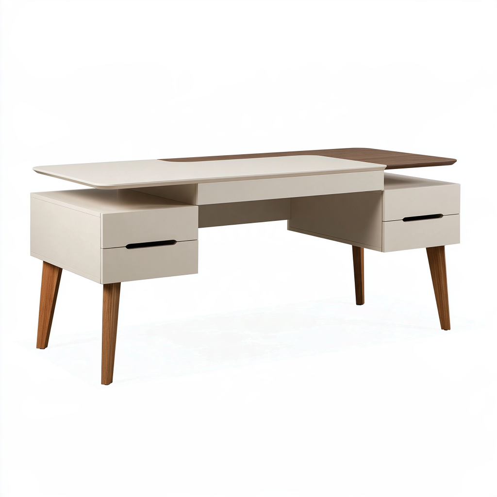 Bureau 160 x 70 x 75 cm blanc et noyer en panneaux de bois avec 2 tiroirs style contemporain