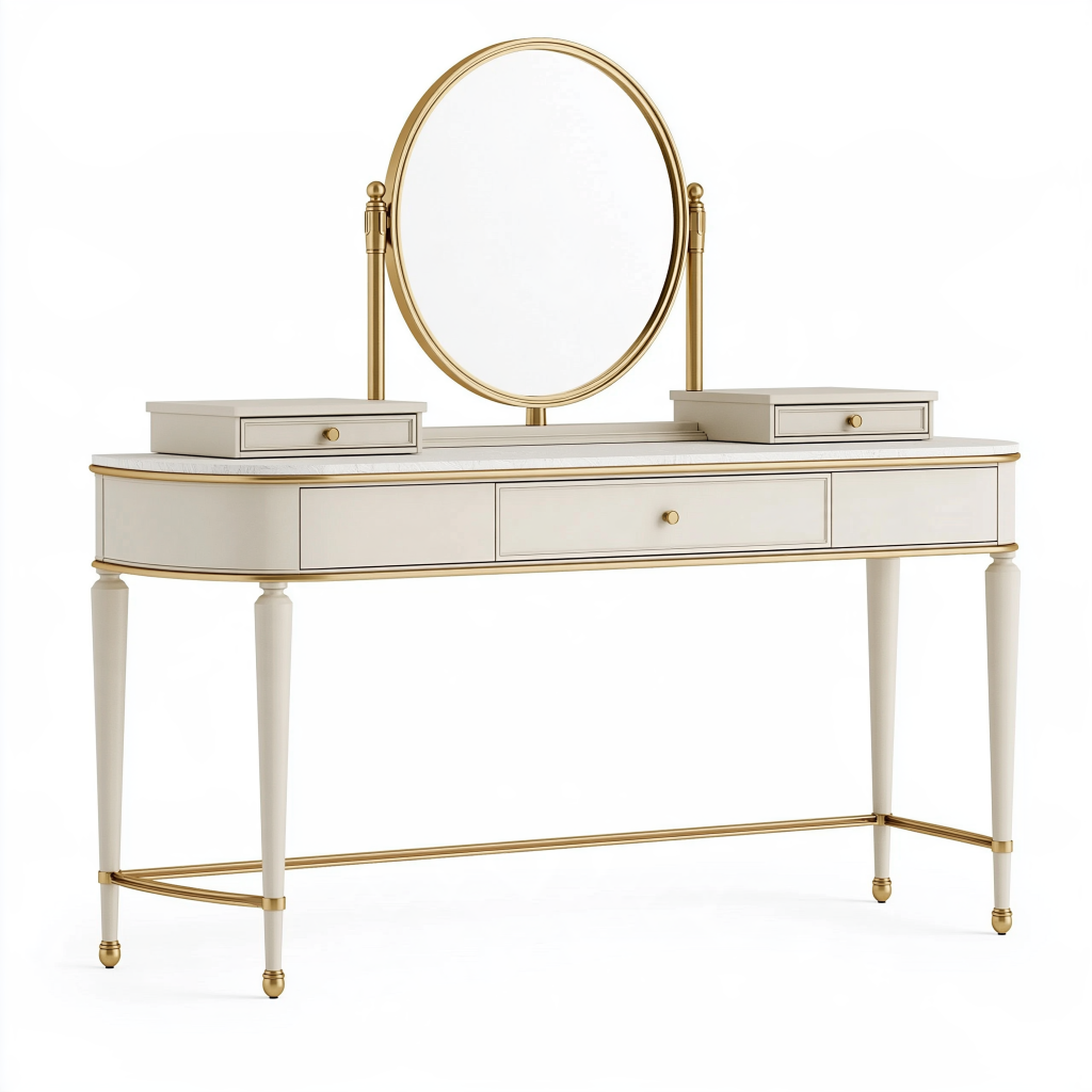 Coiffeuse 120 cm en bois blanc et métal doré avec miroir ovale et tiroirs style classique