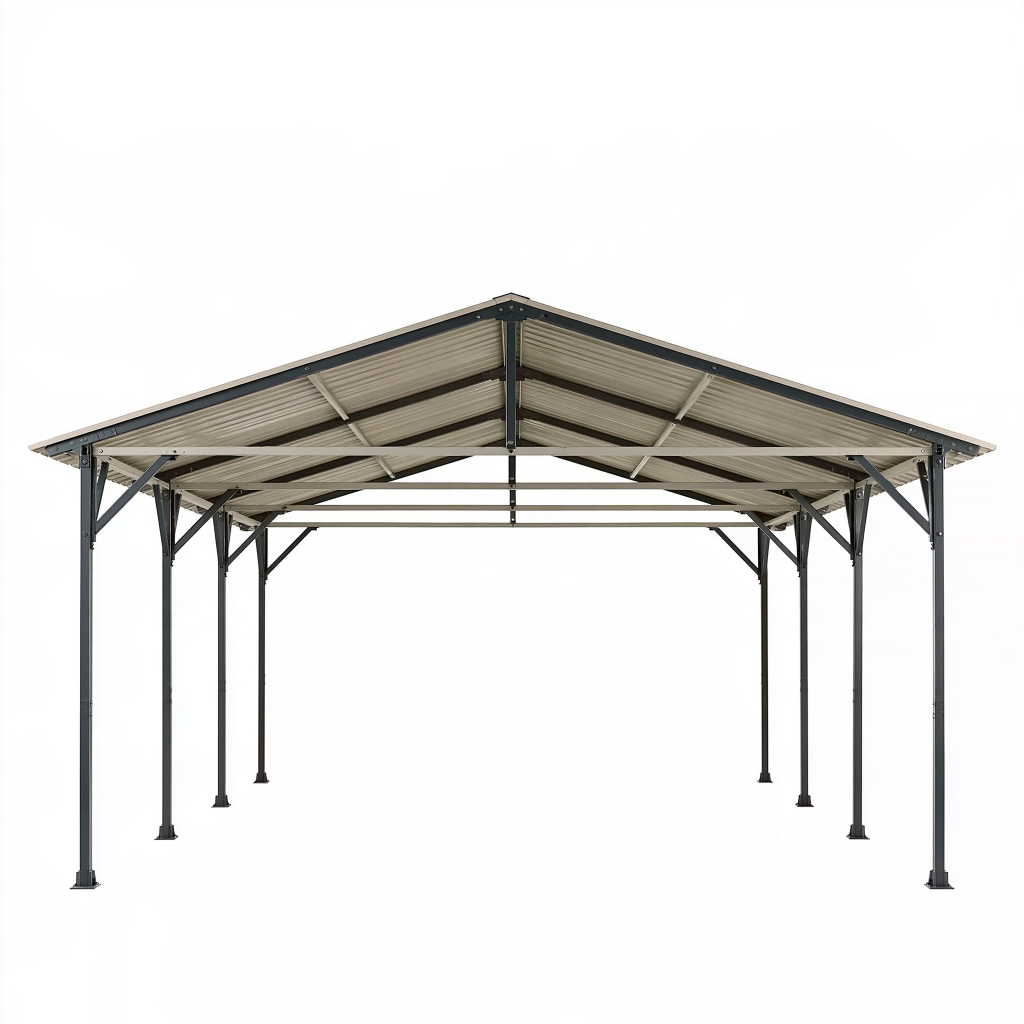 Abri de voiture 600 x 300 x 270 cm en acier beige et noir à toiture inclinée