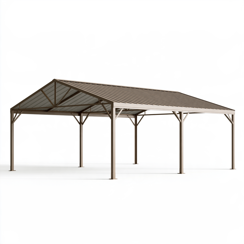 Abri voiture 600 x 300 x 270 cm en acier brun avec toit métallique double pente