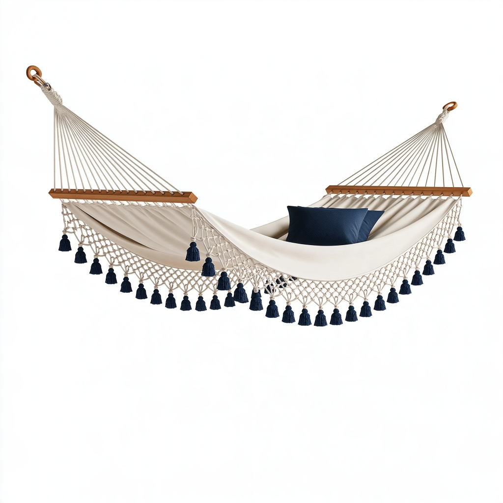 Hamac 300 x 140 cm en coton écru avec barres en bois style bohème