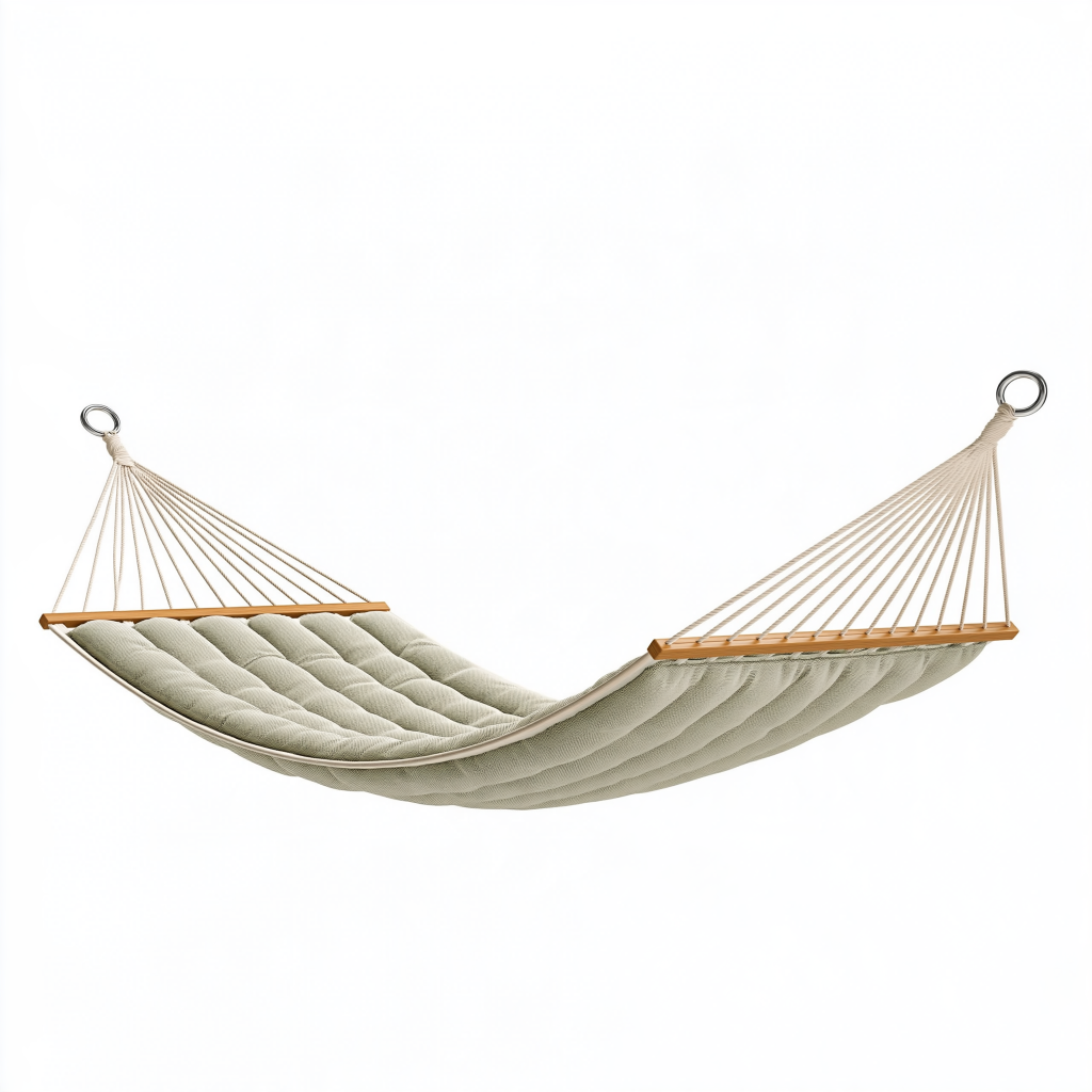 Hamac de jardin 300 x 120 cm en tissu beige matelassé avec barres en bois