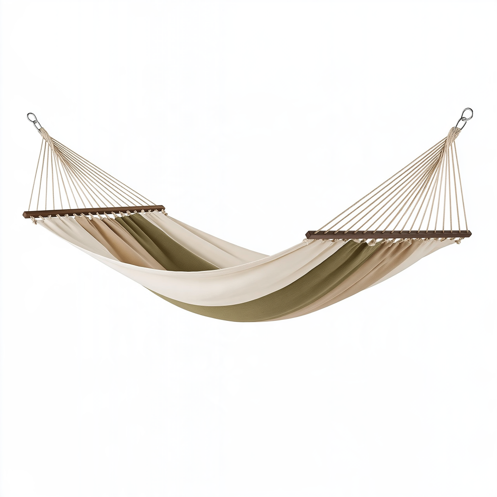 Hamac 300 cm en tissu beige kaki avec barres en bois pour jardin