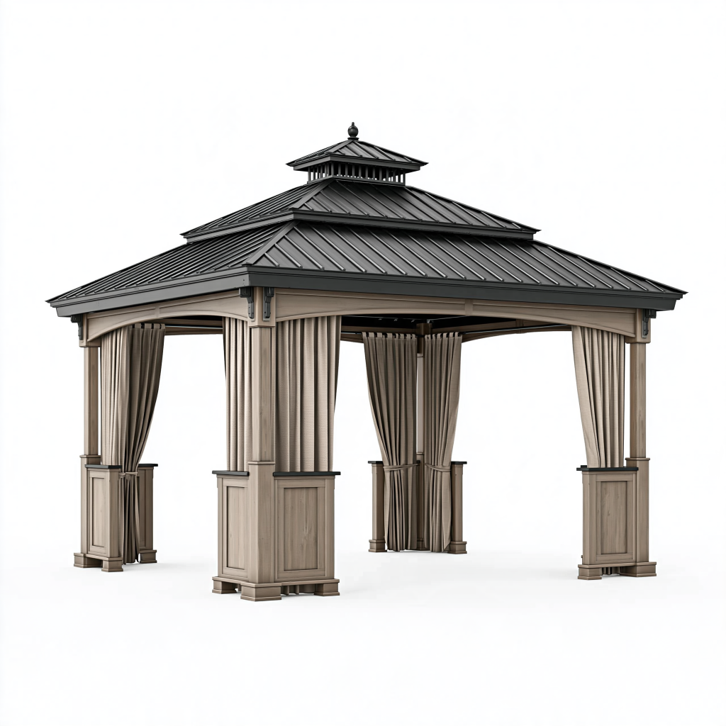 Tonnelle de jardin 400 x 300 x 320 cm en bois et métal taupe avec rideaux style classique