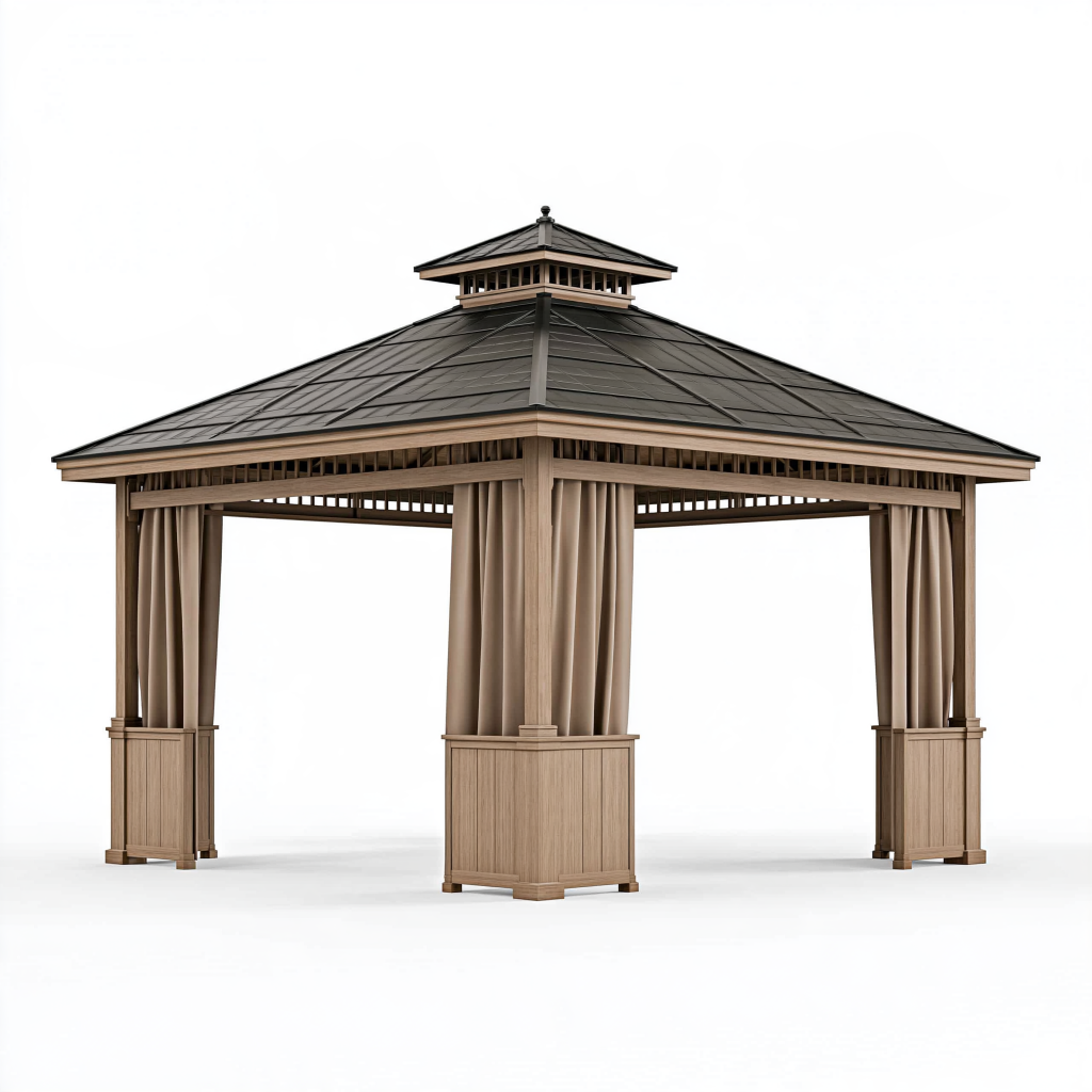 Tonnelle de jardin 300 x 300 x 300 cm en bois marron avec rideaux et toit métallique
