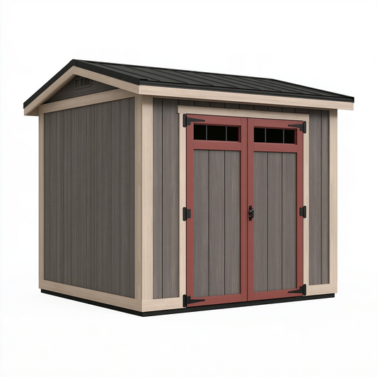 Abri de jardin 180 x 120 x 200 cm en résine gris beige et bordeaux avec portes doubles et toit incliné