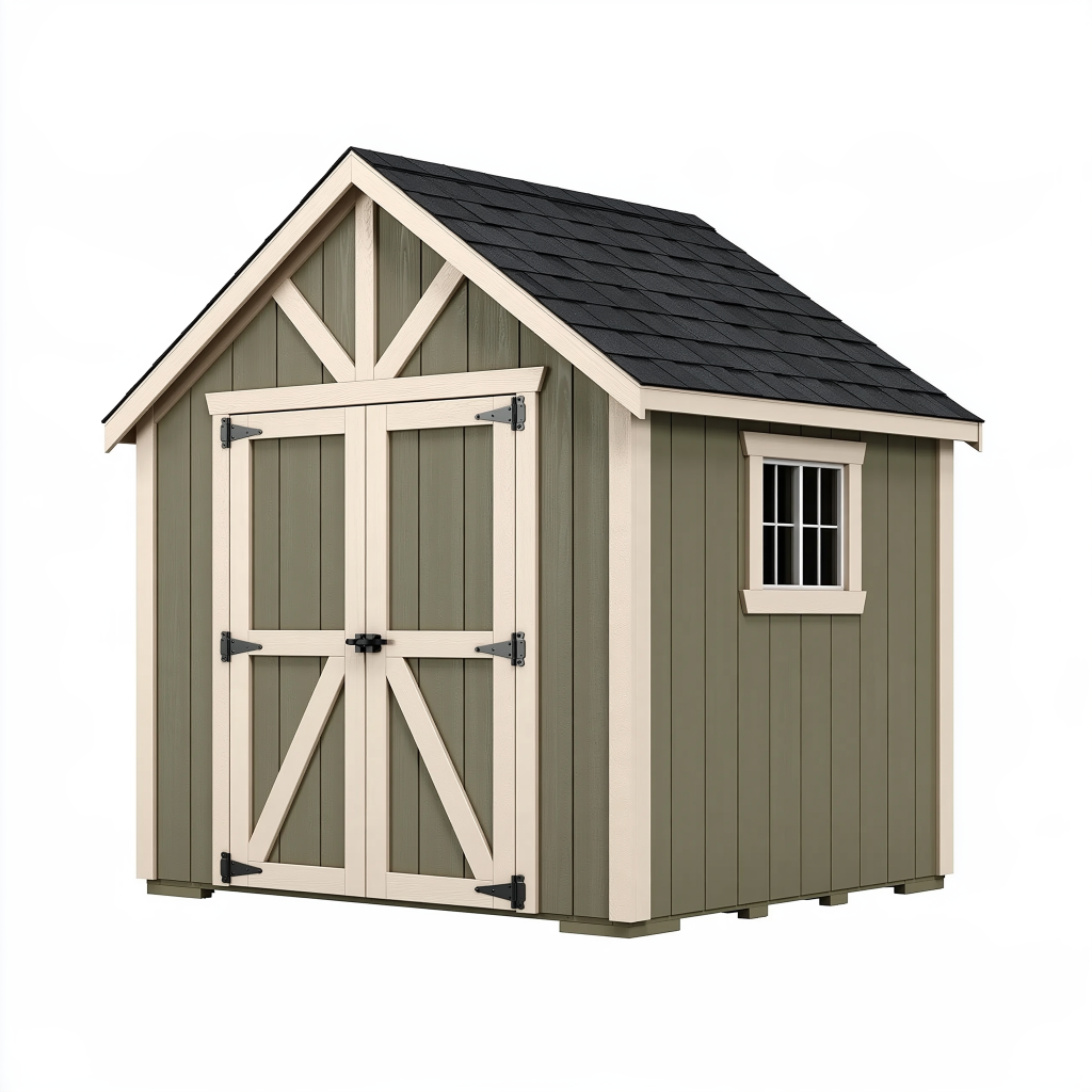 Abri de jardin 244 x 183 x 229 cm en bois vert olive et beige - Toit à deux pans et portes doubles