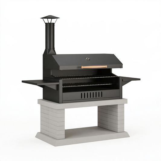 Barbecue extérieur 140 x 75 x 190 cm en acier noir et béton avec hotte et grilles