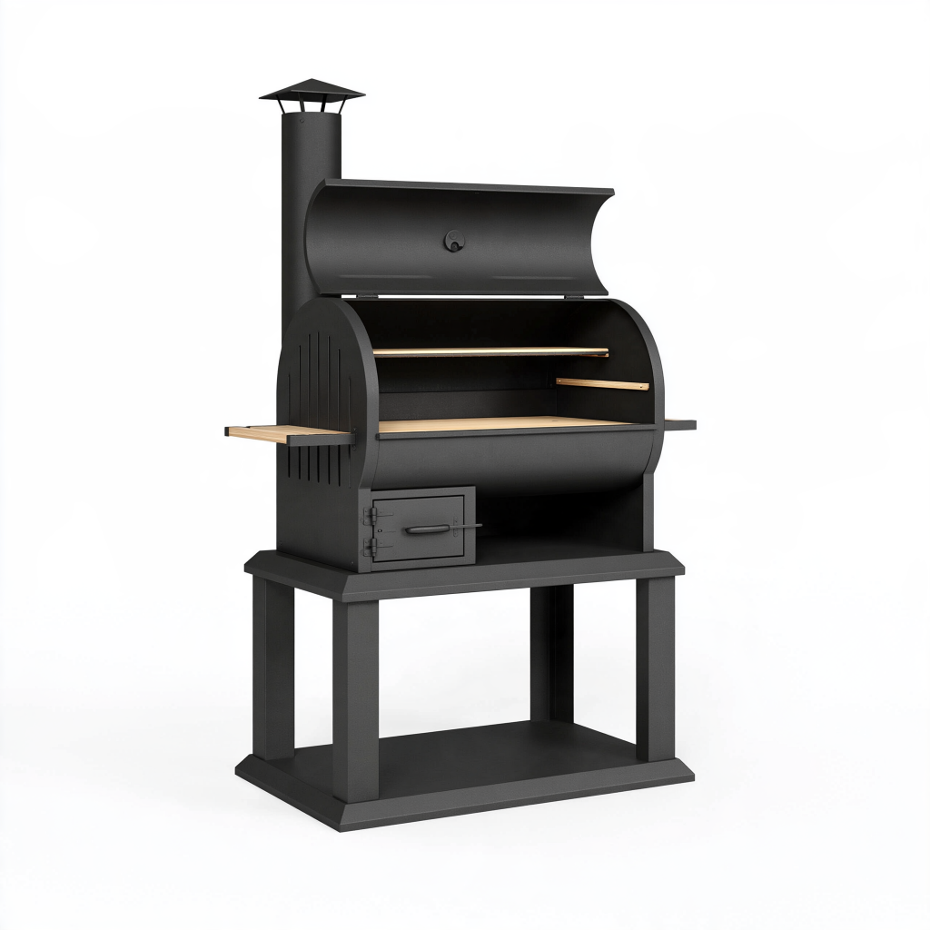 Barbecue fumoir en acier noir 140 x 70 x 185 cm avec étagères en bois