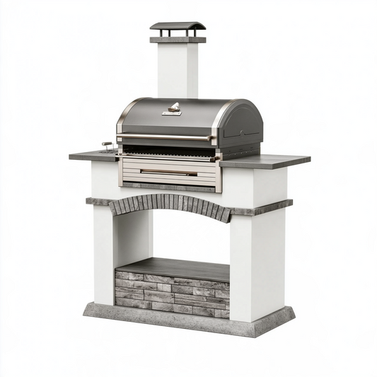 Barbecue de jardin 150 x 70 x 220 cm en acier et pierre gris blanc avec cheminée