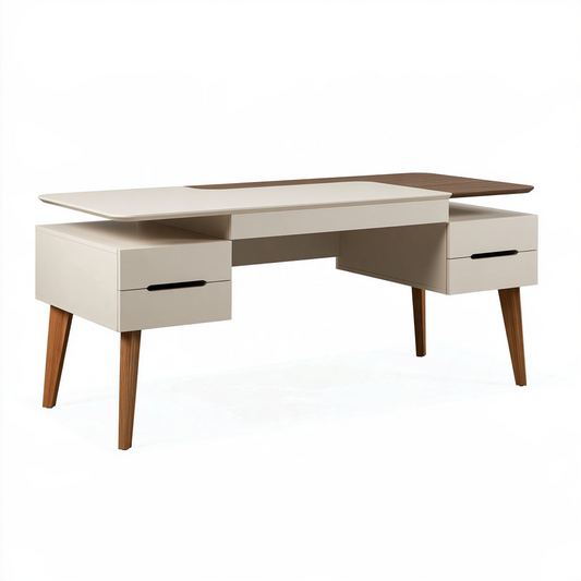 Bureau 160 x 70 x 75 cm blanc et noyer en panneaux de bois avec 2 tiroirs style contemporain