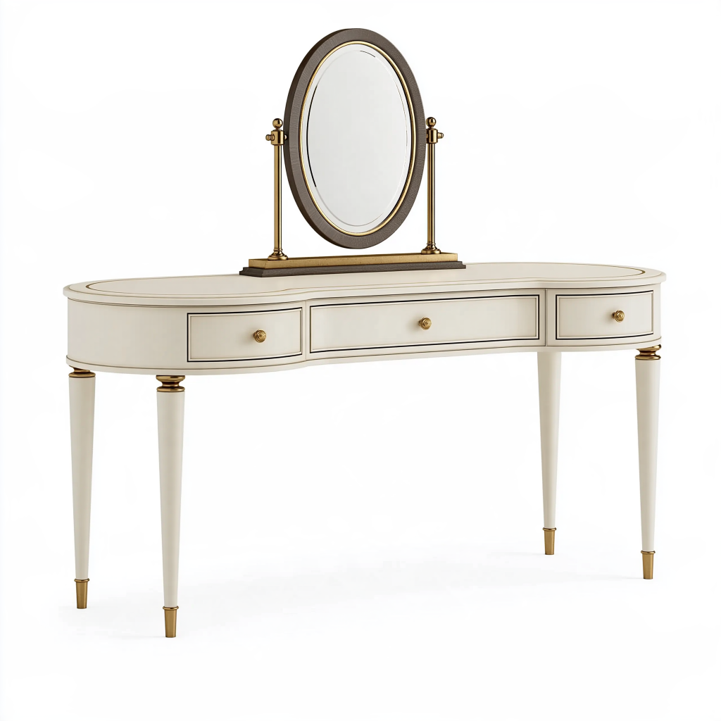 Coiffeuse ovale 130 cm en bois crème et doré avec miroir style classique