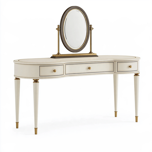 Coiffeuse ovale 130 cm en bois crème et doré avec miroir style classique