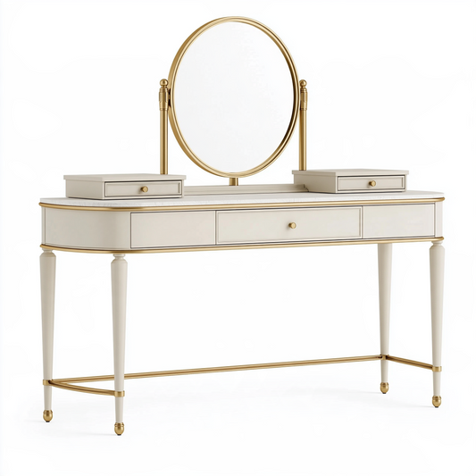 Coiffeuse 120 cm en bois blanc et métal doré avec miroir ovale et tiroirs style classique