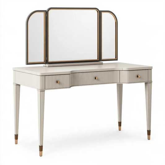Coiffeuse 120 x 45 x 150 cm en bois beige avec miroir triptyque style contemporain