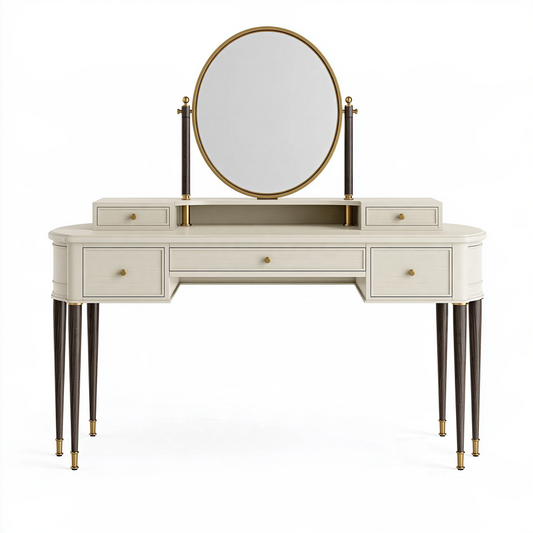 Coiffeuse 140 x 50 x 150 cm en bois ivoire avec miroir rond style classique