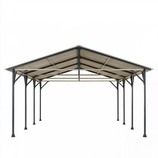 Abri de voiture 600 x 300 x 270 cm en acier beige et noir à toiture inclinée