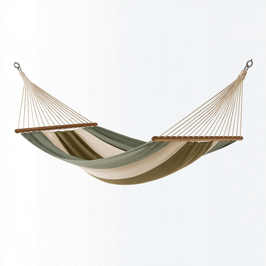 Hamac 300 x 100 cm en tissu rayé vert beige avec barres en bois pour jardin
