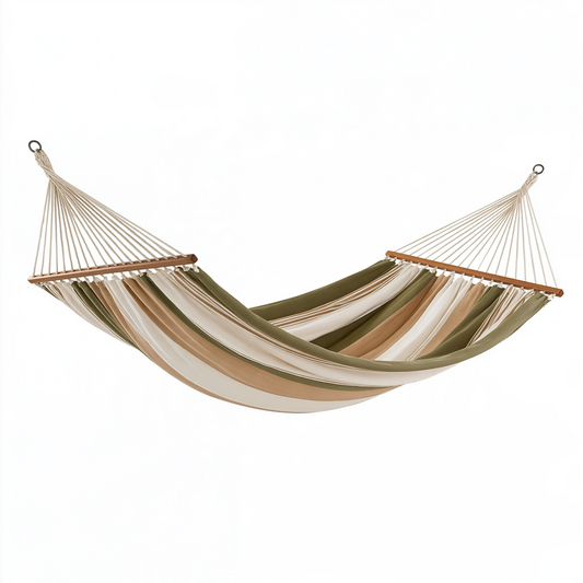 Hamac 300 x 140 cm en coton beige blanc vert avec barres en bois pour jardin