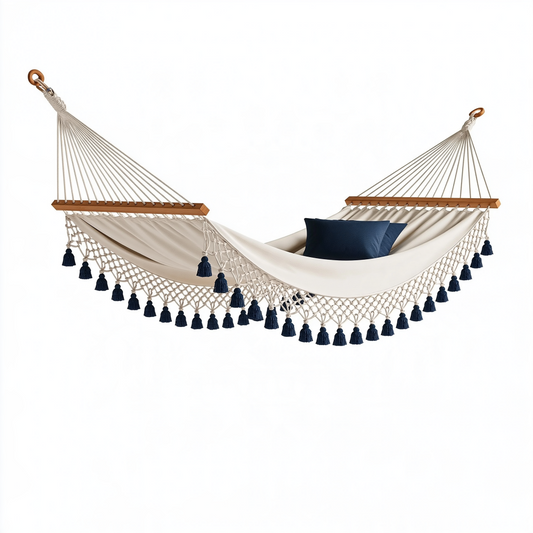 Hamac 300 x 140 cm en coton écru avec barres en bois style bohème