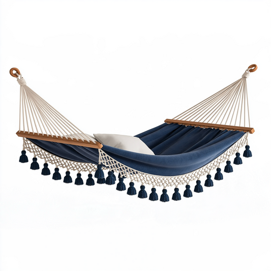 Hamac 320 x 120 cm en tissu bleu avec barres en bois style bohème à suspendre