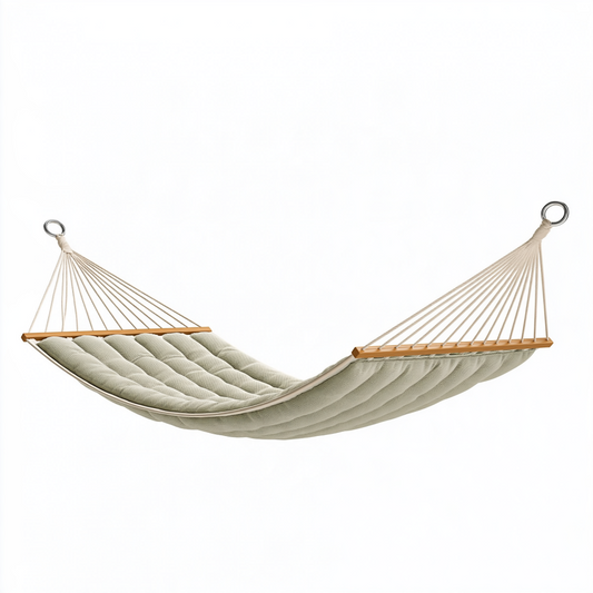 Hamac de jardin 300 x 120 cm en tissu beige matelassé avec barres en bois