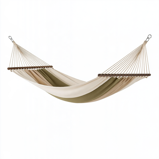 Hamac 300 cm en tissu beige kaki avec barres en bois pour jardin