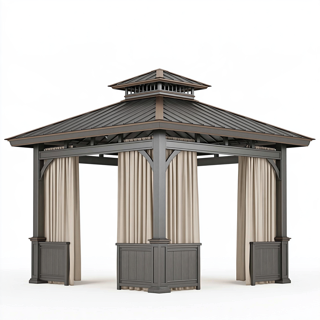 Tonnelle de jardin 300 x 300 cm en métal gris avec rideaux et toit rigide