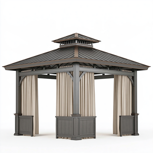 Tonnelle de jardin 300 x 300 cm en métal gris avec rideaux et toit rigide
