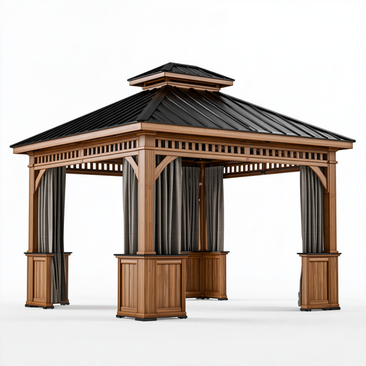 Pavillon de jardin 400 x 400 cm en bois naturel noir et gris avec rideaux toit métallique style traditionnel