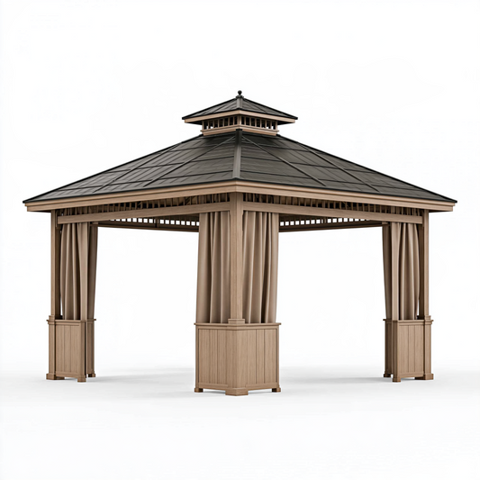 Tonnelle de jardin 300 x 300 x 300 cm en bois marron avec rideaux et toit métallique