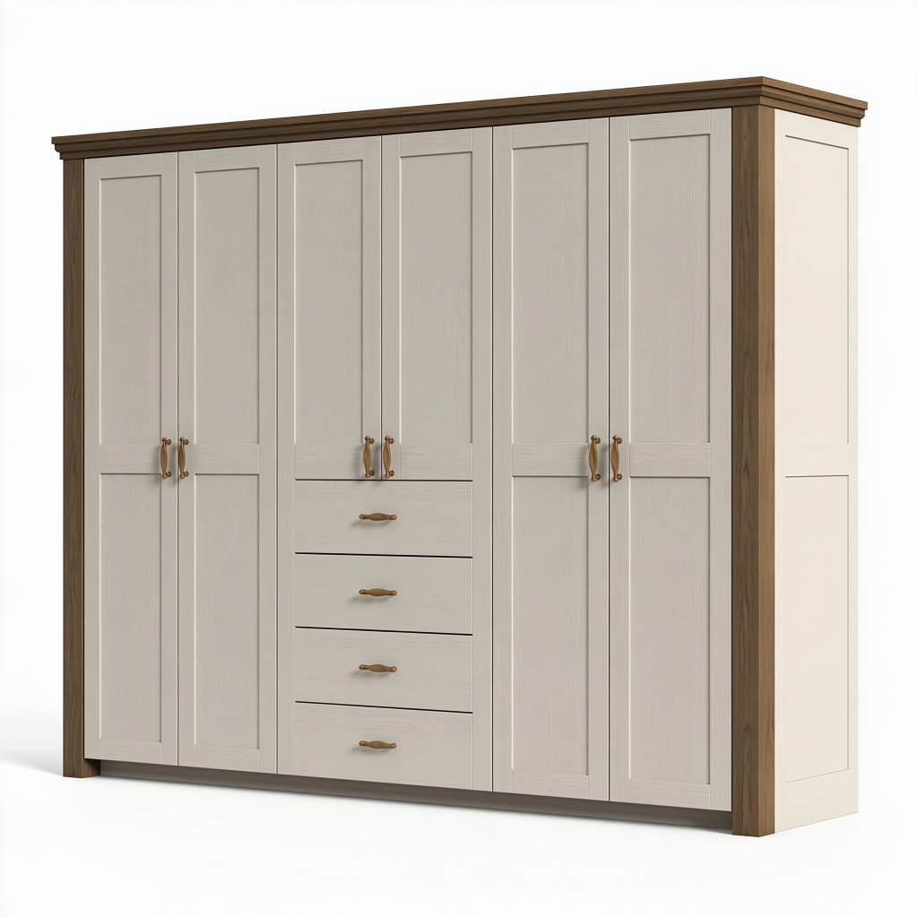 Armoire dressing 300 x 60 x 220 cm en bois crème et brun avec 6 portes et 4 tiroirs