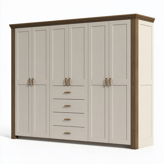 Armoire dressing 300 x 60 x 220 cm en bois crème et brun avec 6 portes et 4 tiroirs