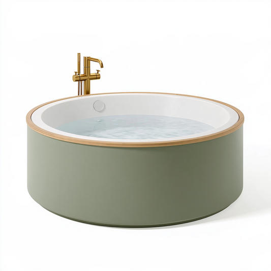 Baignoire îlot ronde 150 cm en acrylique vert olive avec bord effet bois style contemporain