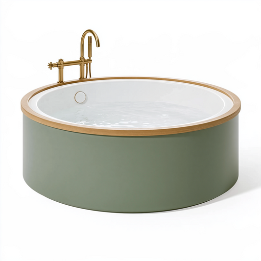 Baignoire îlot ronde diamètre 150 cm acrylique vert sauge et bois style contemporain