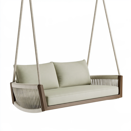 Canapé balançoire suspendu 180 cm beige en bois et corde pour extérieur