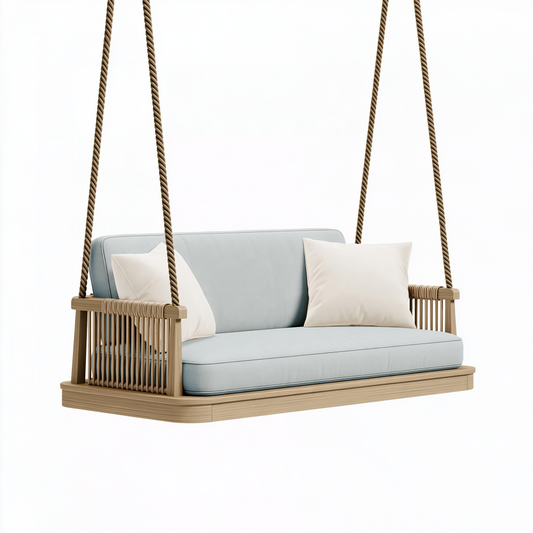 Balancelle de jardin 140 x 70 x 55 cm en bois et corde beige bleu clair suspendue