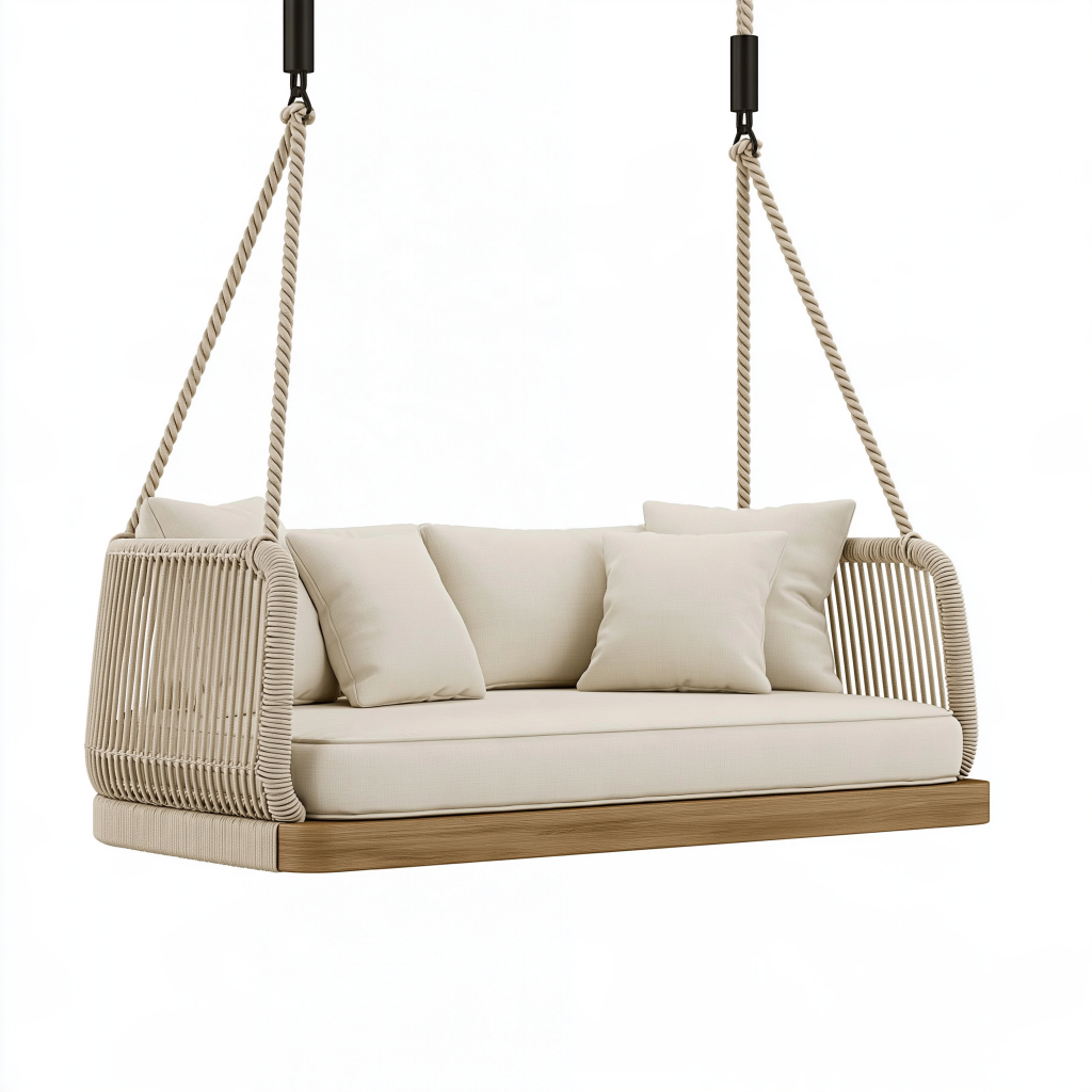 Canapé suspendu 180 x 85 x 65 cm en corde beige pour extérieur couvert style bohème