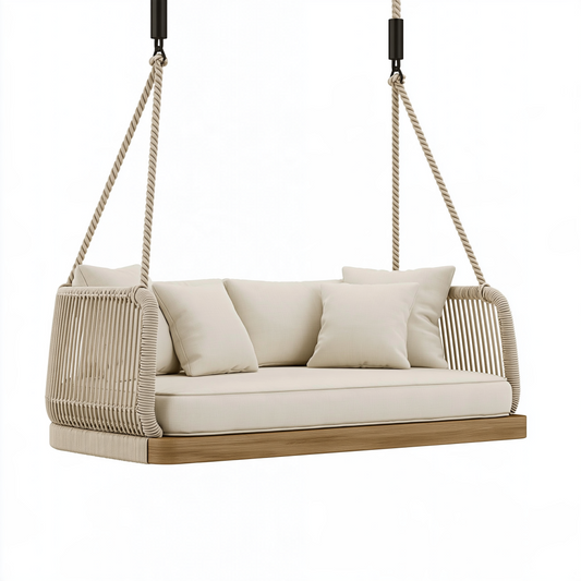 Canapé suspendu 180 x 85 x 65 cm en corde beige pour extérieur couvert style bohème